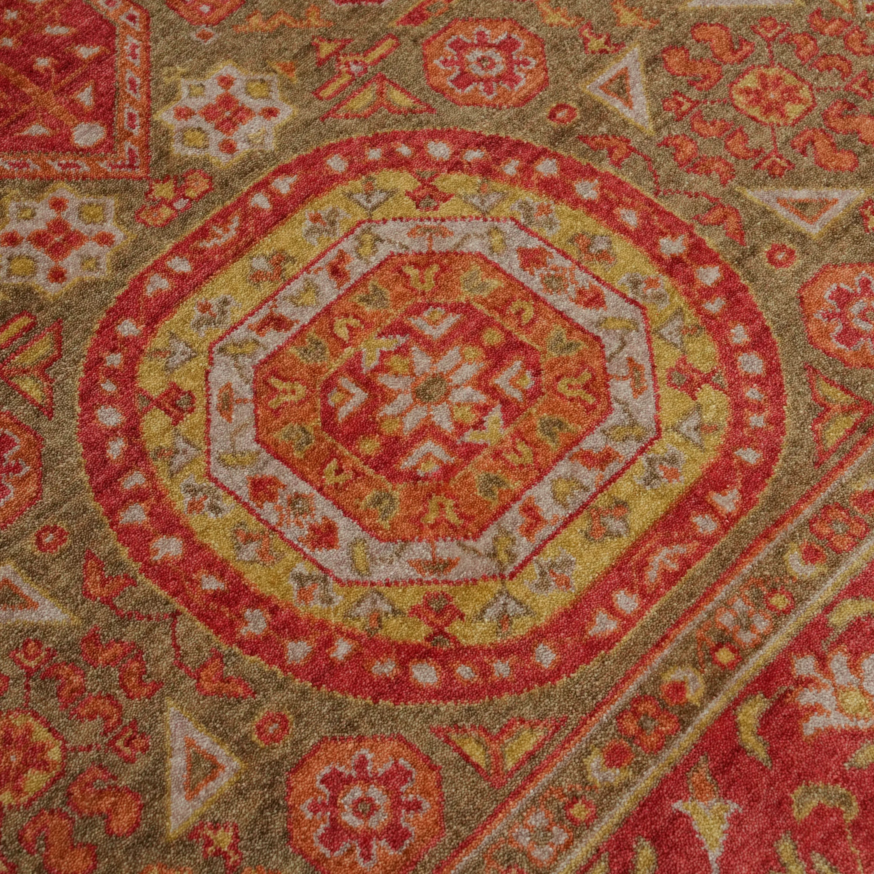 Zade Serisi Memlük Desenli Kırmızı Yeşil Tezgah Dokuma Doğal Halı