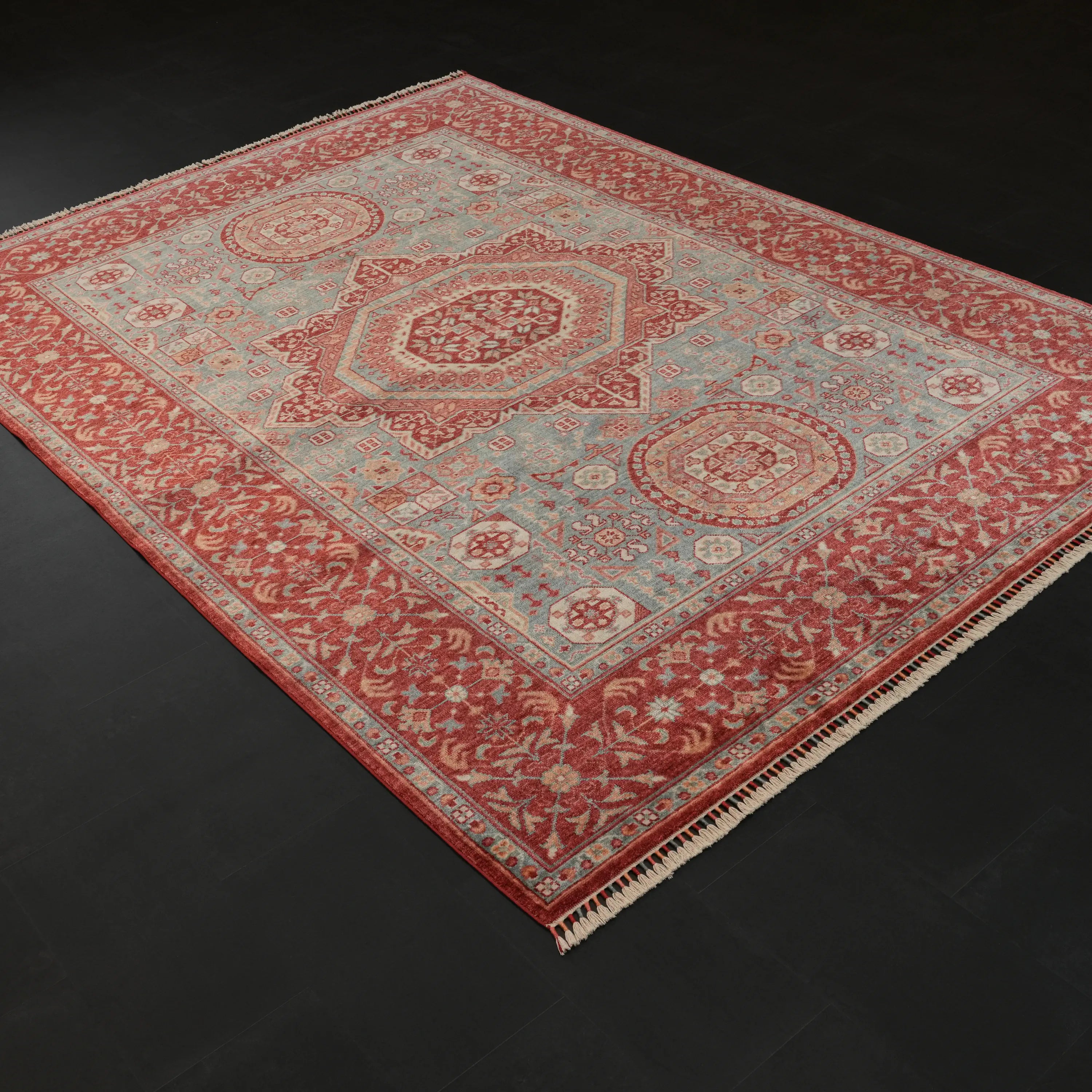 Zade Serisi Memlük Desenli Mavi Tezgah Dokuma Doğal Halı