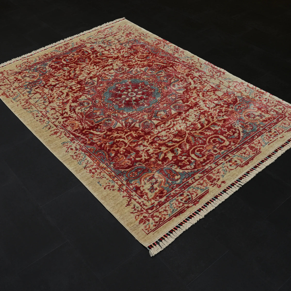Zade Serisi Vintage Desenli Kırmızı Tencel Tezgah Dokuma Halı — antre halısı