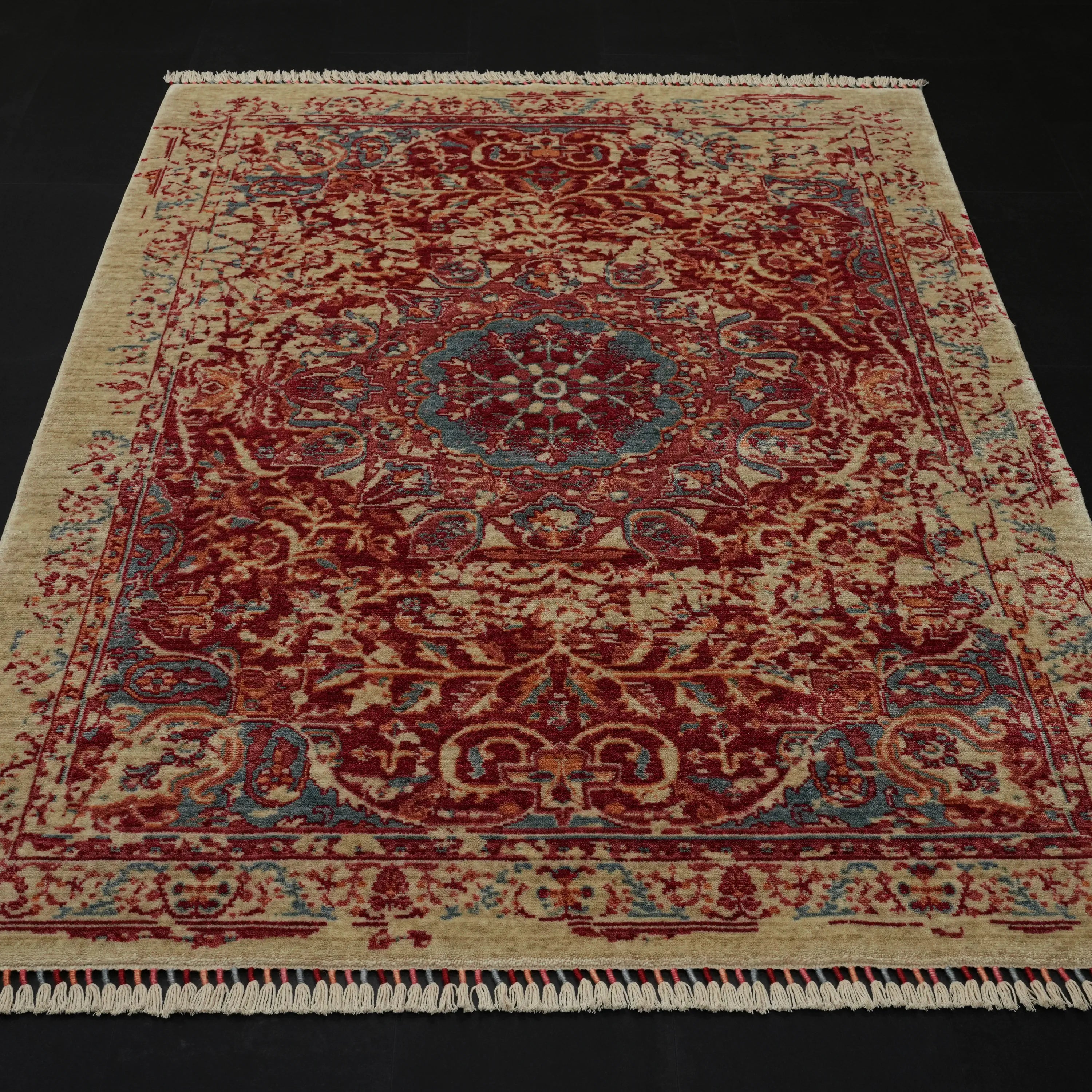 Zade Serisi Vintage Desenli Kırmızı Tencel Tezgah Dokuma Halı