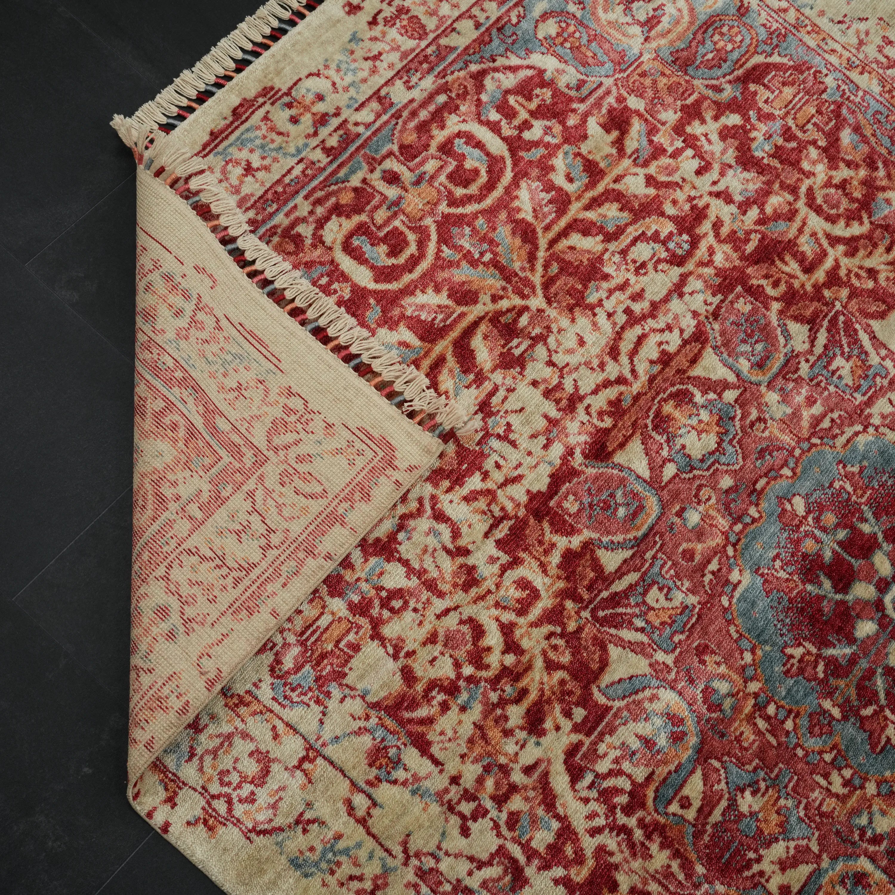 Zade Serisi Vintage Desenli Kırmızı Tencel Tezgah Dokuma Halı