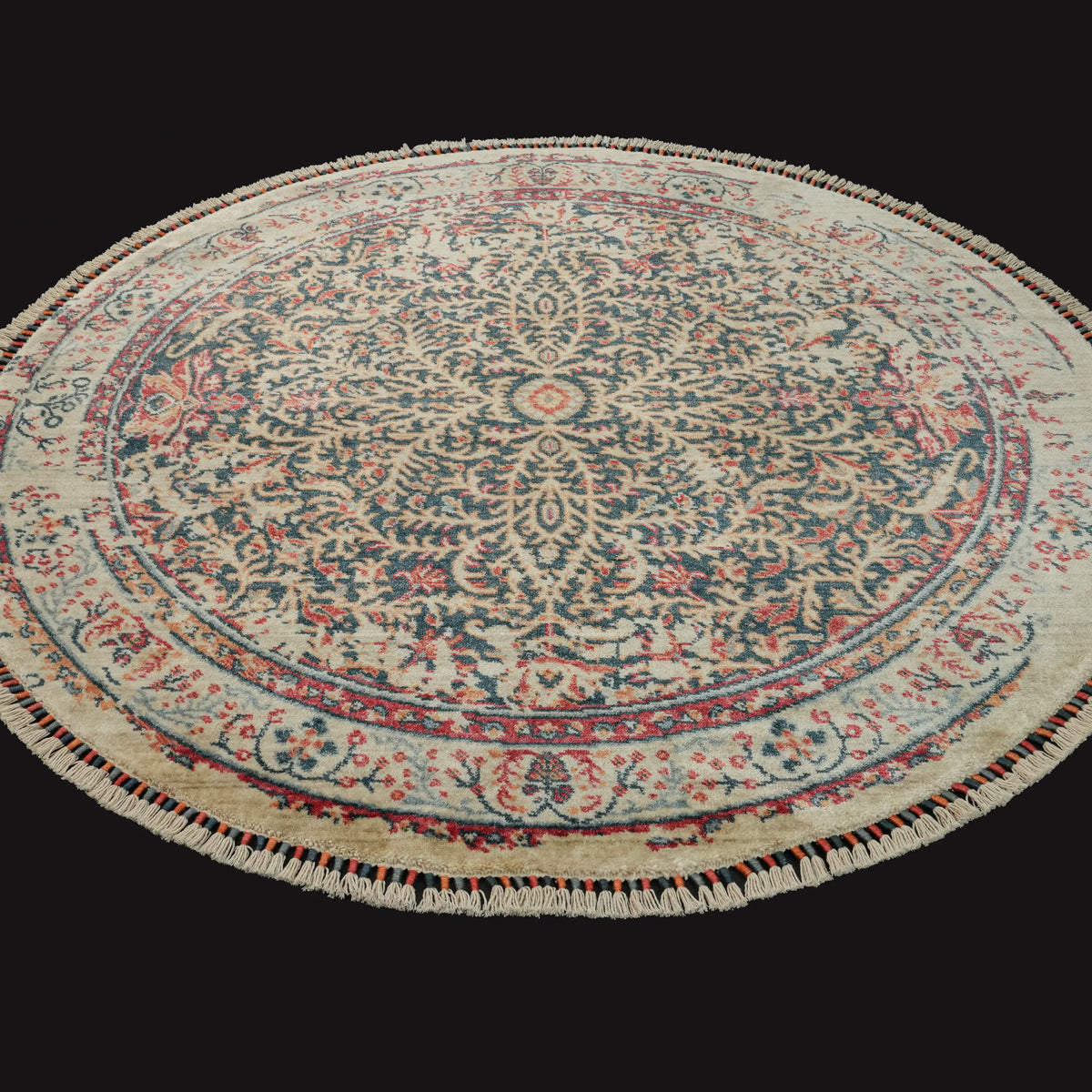 Zade Serisi Vintage Desenli Mavi Tencel Tezgah Dokuma Halı, 160x160 – 200x200 cm — Halıcızade