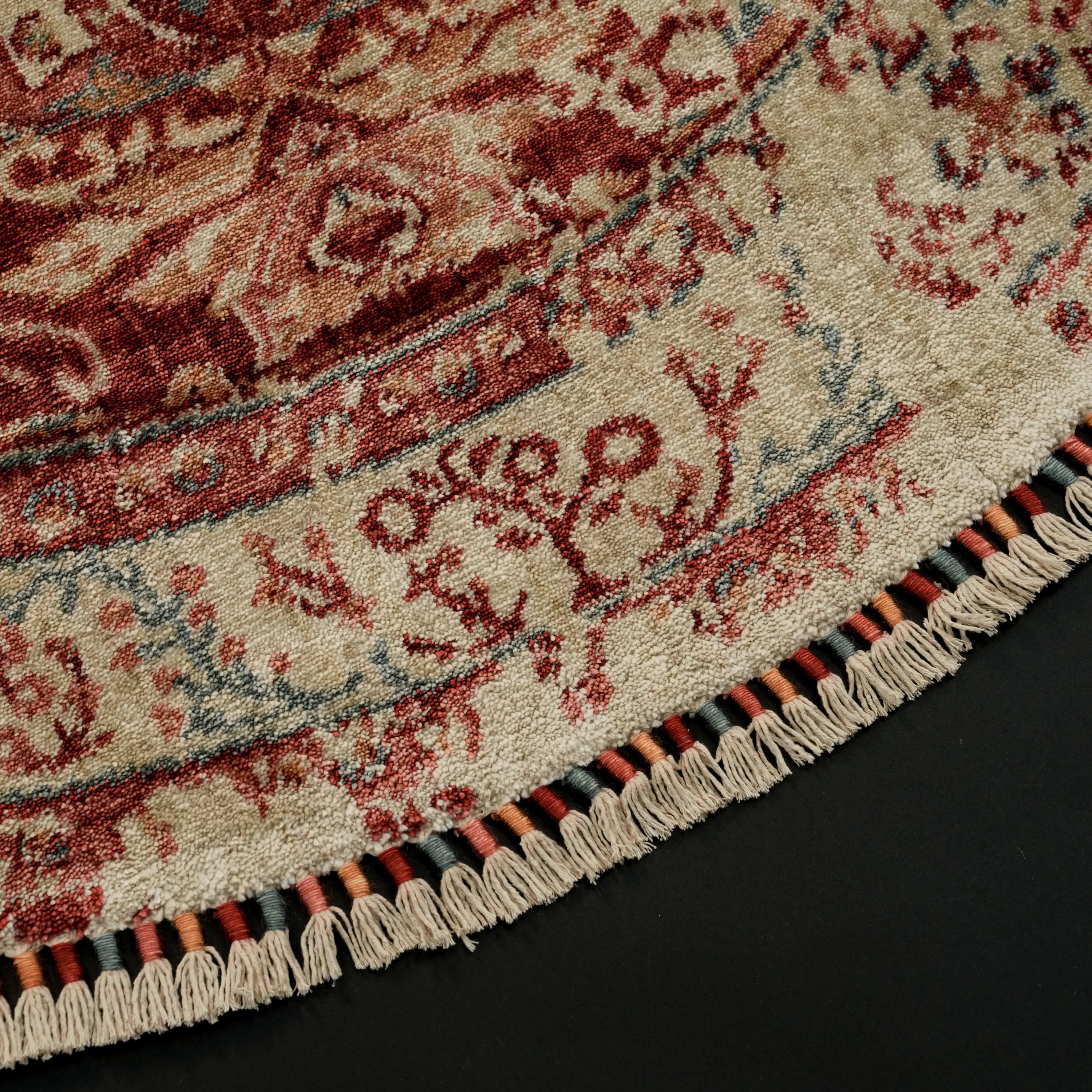 Zade Series Vintage Patterned Round Red Loom Woven Rug