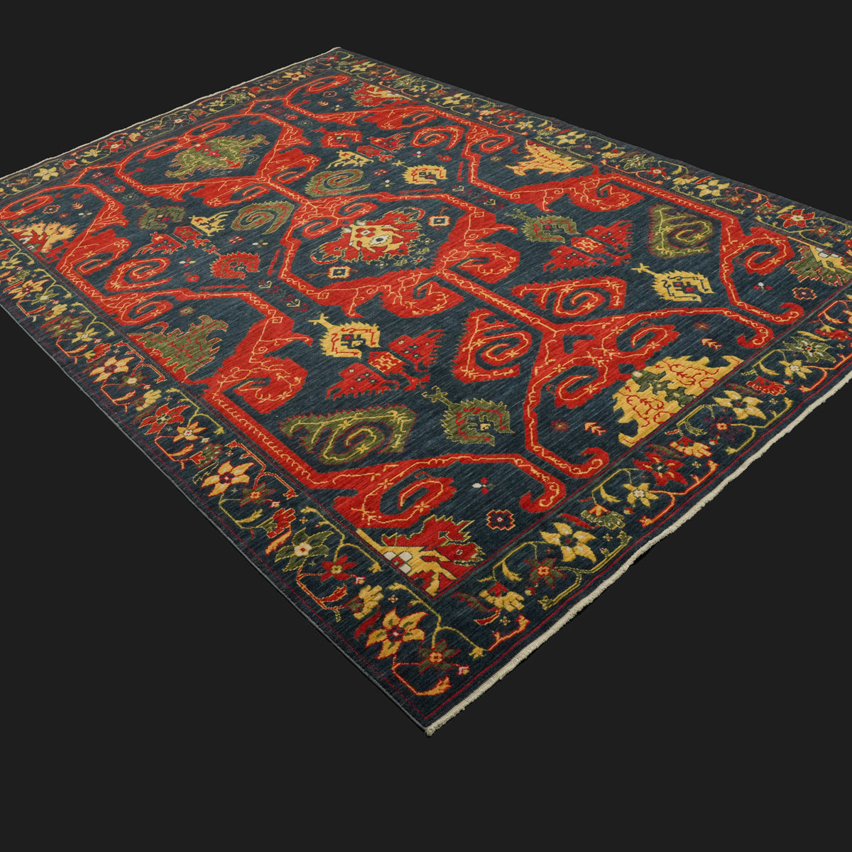 Zara Serisi Anadolu Desenli Lacivert Yün Tezgah Dokuma Halı, 200x300 cm — Halıcızade