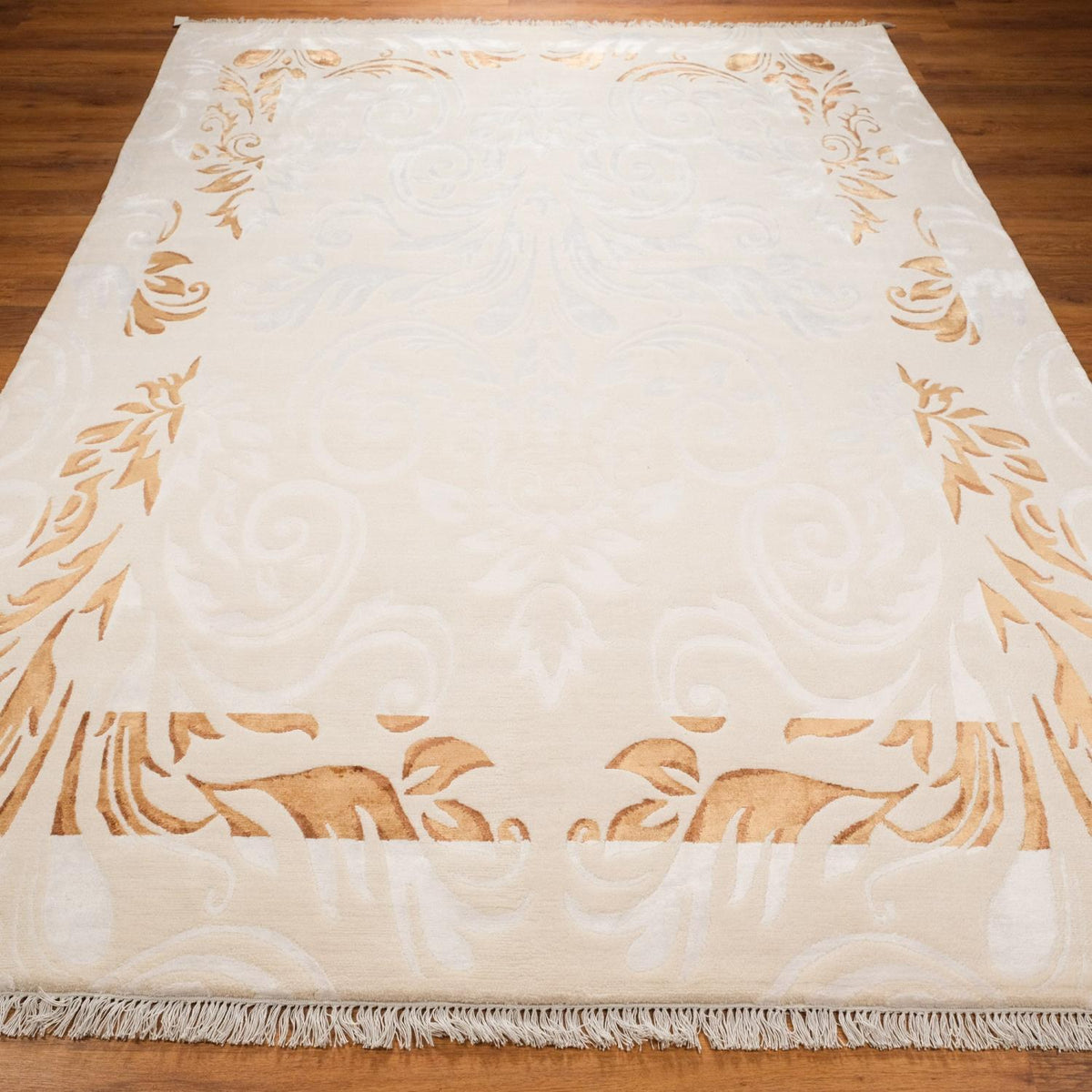 El Dokuma Çerçeve Desenli Modern Krem Halı — 200x300 cm