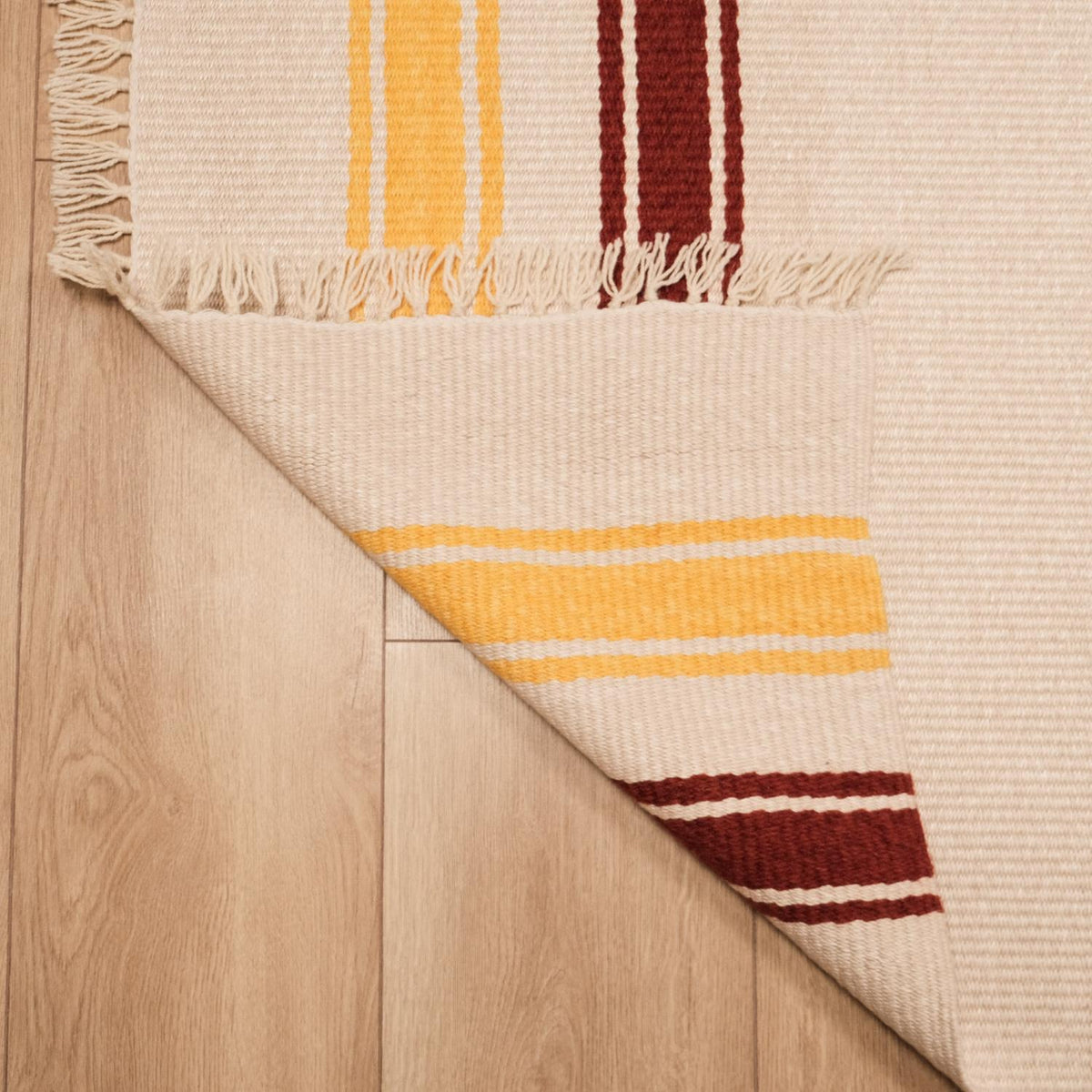 Cream Banded Machine-Woven Wool Kilim — natural fiber