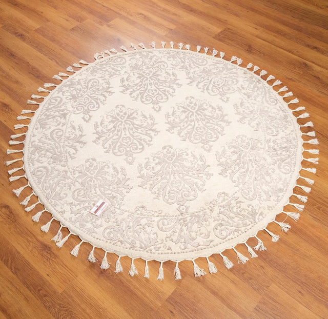 El Dokuma Damask Desenli Krem Yuvarlak Halı, 195×195 cm Halıcızade