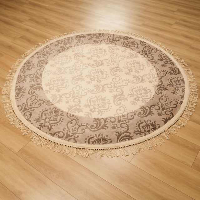 El Dokuma Damask Desenli Beyaz Yuvarlak Halı, 200×200 cm Halıcızade