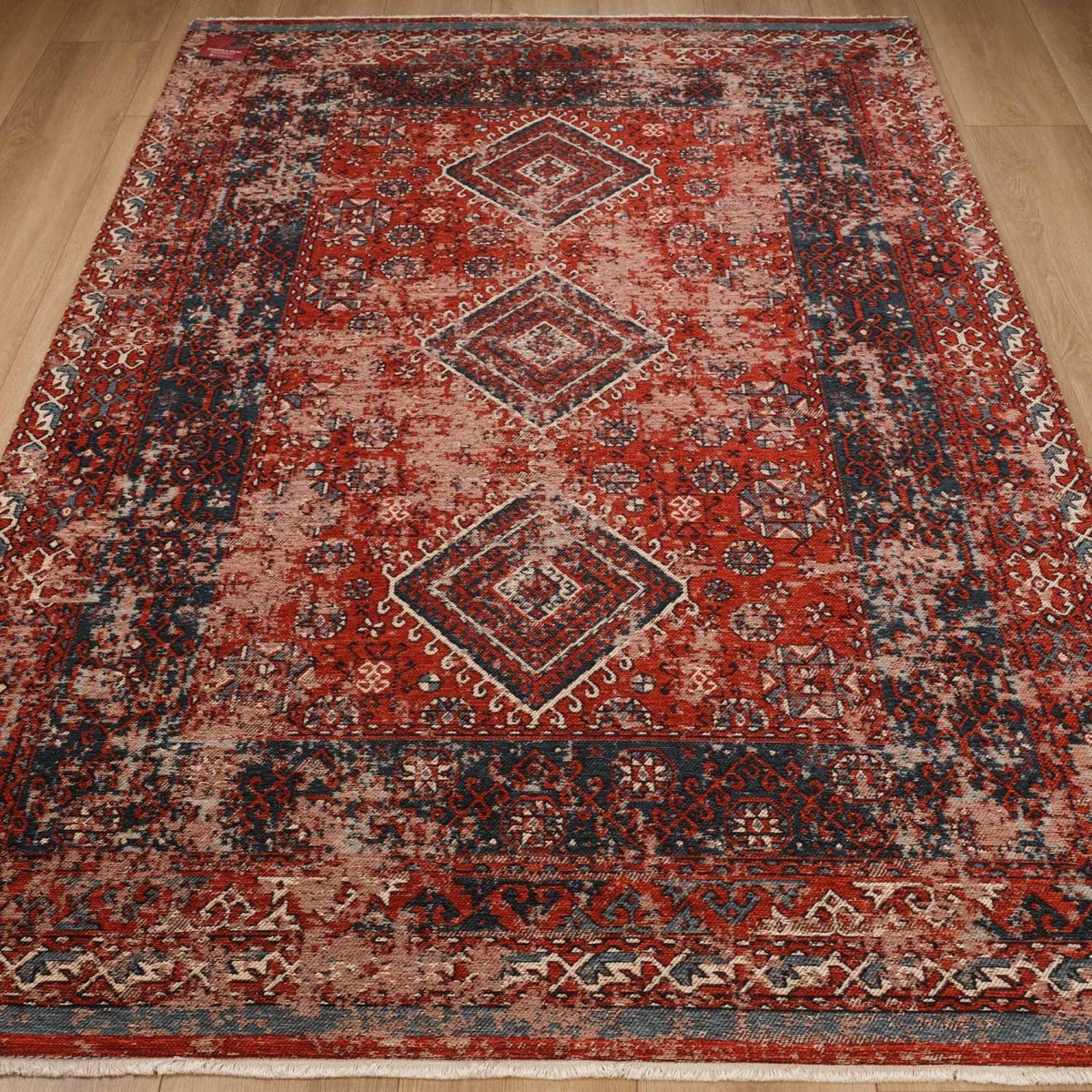 Red Vintage-Pattern Machine-Woven Acrylic Kilim, Kehribar Series — 80x150, 100x200, 120x180, 80x300 cm