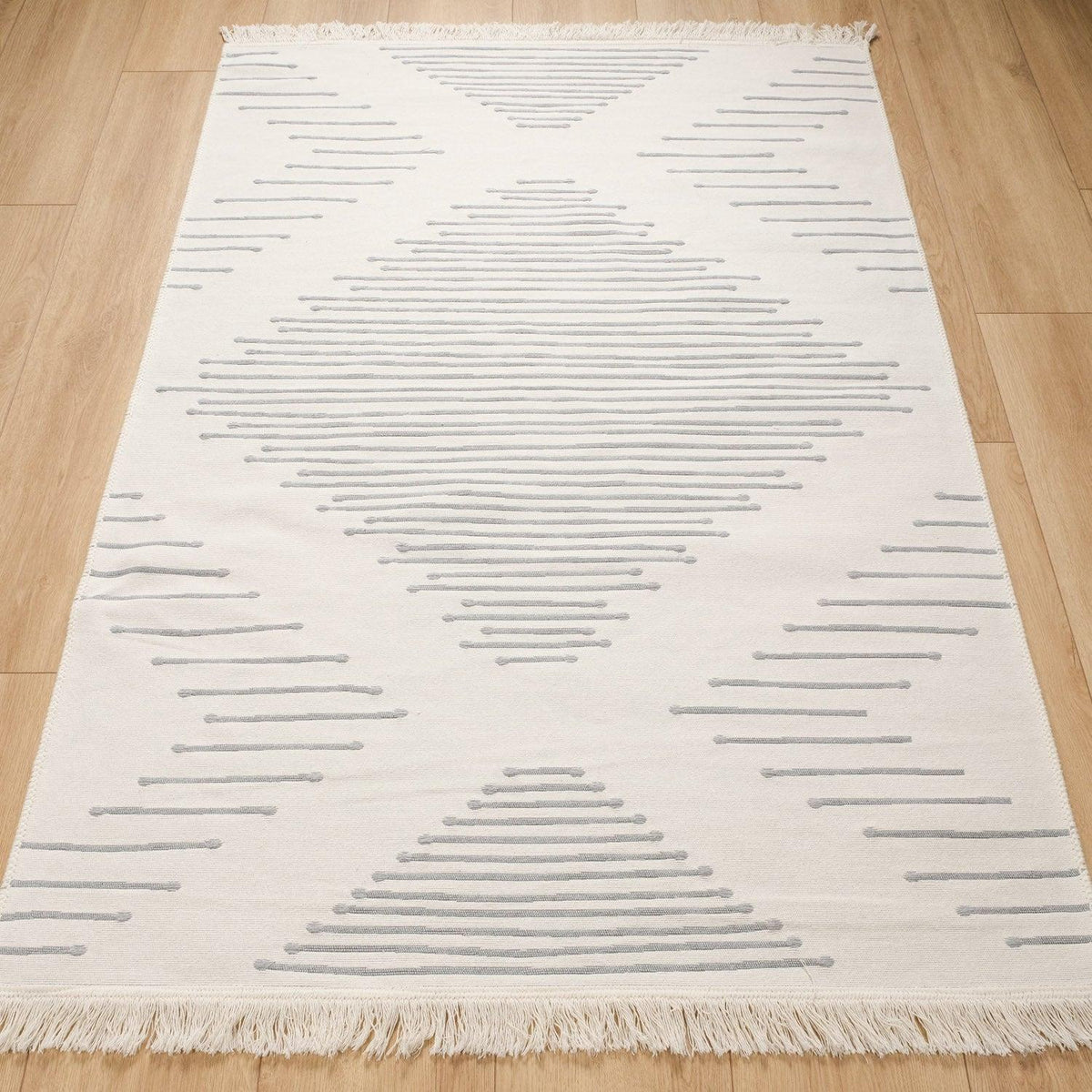 Kehribar Serisi Makine Dokuma Geometrik Desenli Gri Pamuk Kilim — 80x150, 120x180, 80x300, 160x230 cm