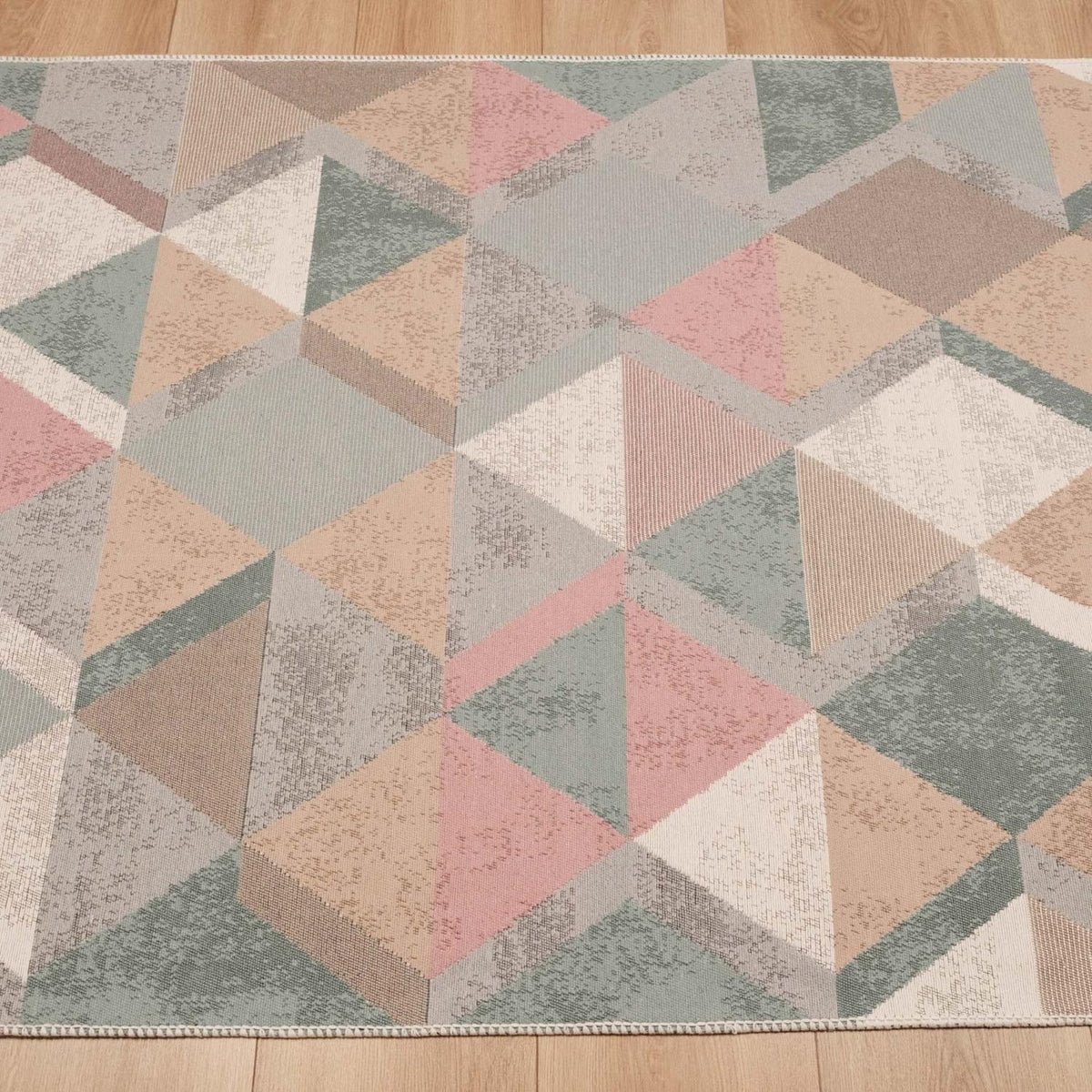 Kehribar Series multicolor triangle-pattern kilim — full length slightly angled from above, parquet above and below