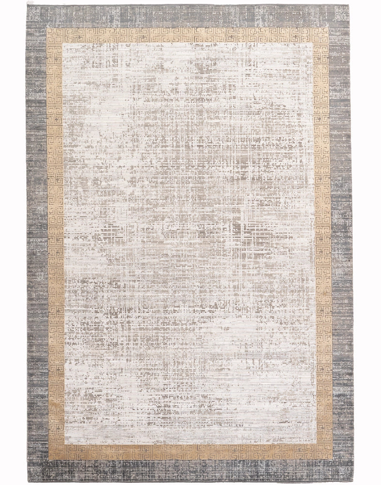 Altın sarısı, gümüş grisi, çerçeveli şık halı.