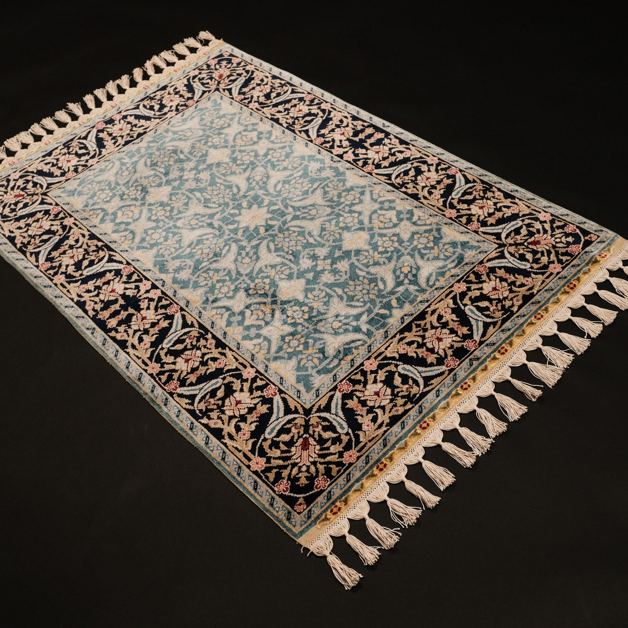 Anatolian Patterned Hand Woven Turquoise Silk Carpet