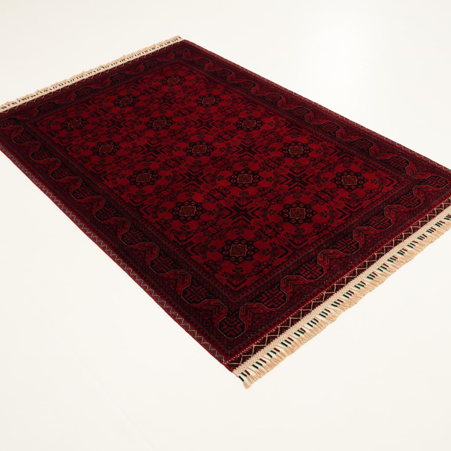 Handwoven Afghan-Patterned Burgundy Wool Ethnic Bilicik Rug