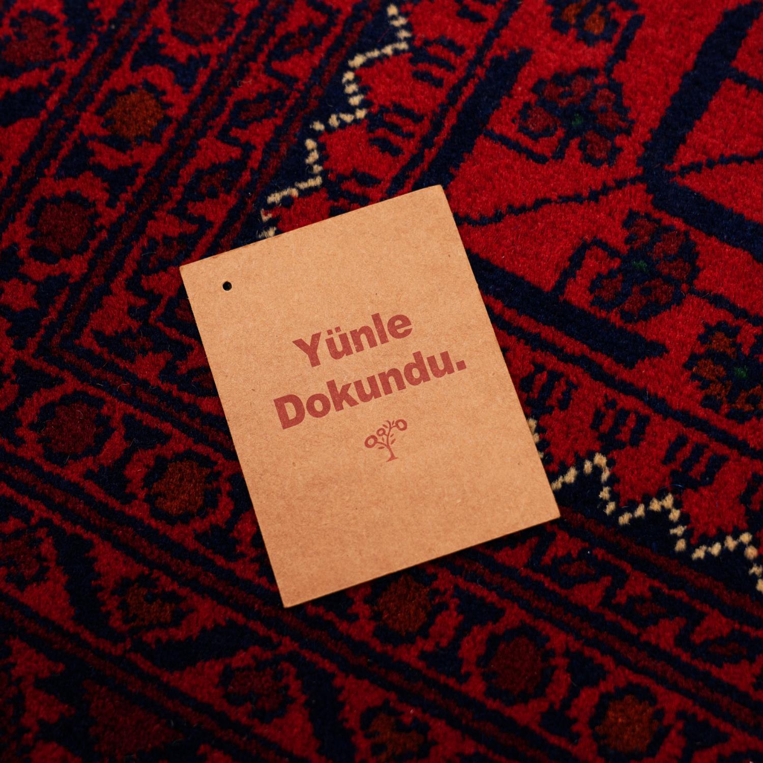 El Dokuma Afgan Desenli Bordo Yün Khamyap Halı
