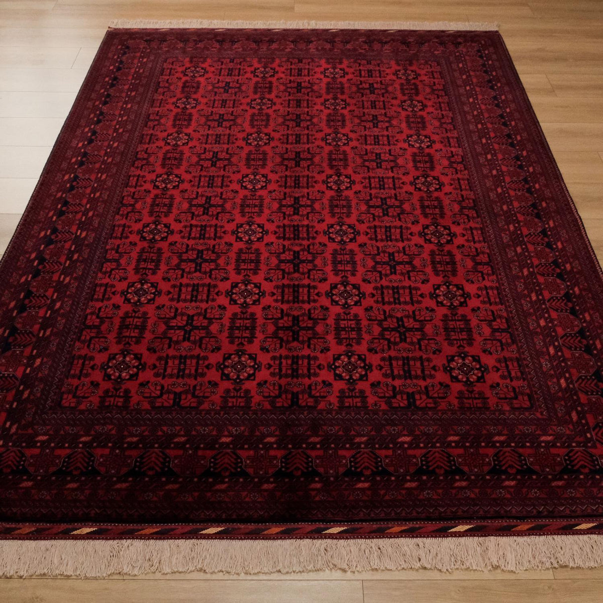 El Dokuma Afgan Desenli Yün Bordo Bilicik Halı — klasik desen