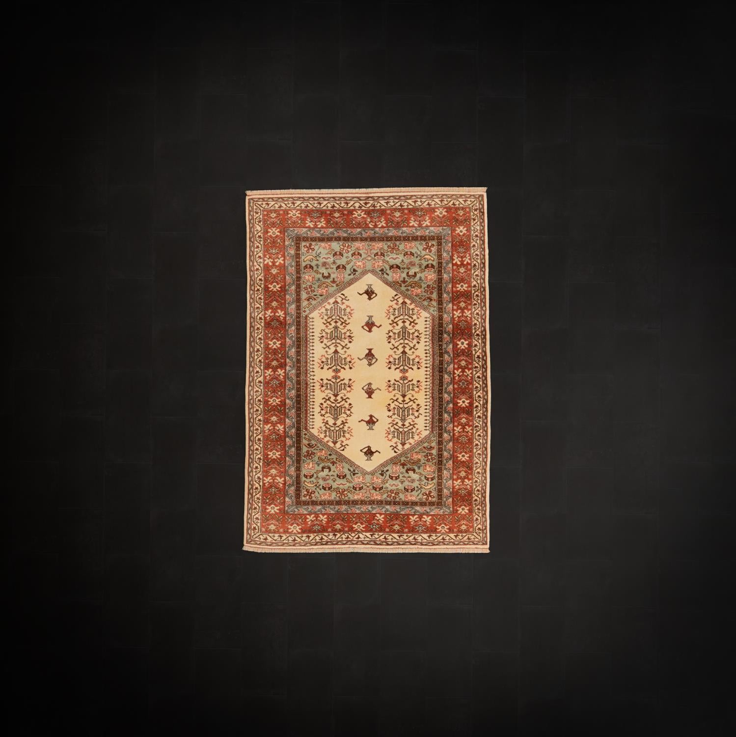 Handwoven Anatolian Patterned Cream Wool Kula Rug