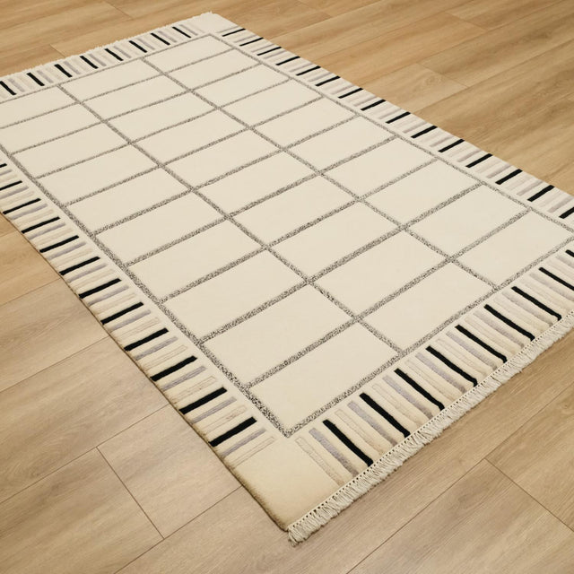 El Dokuma Geometrik Desenli Krem Halı, 95×150 cm Halıcızade