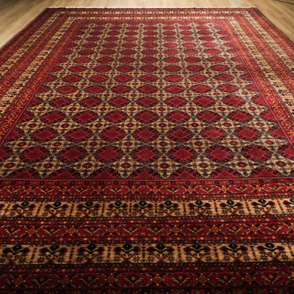 Burgundy Afghan Bukhara Hand-Knotted Wool Rug — 357x522 cm