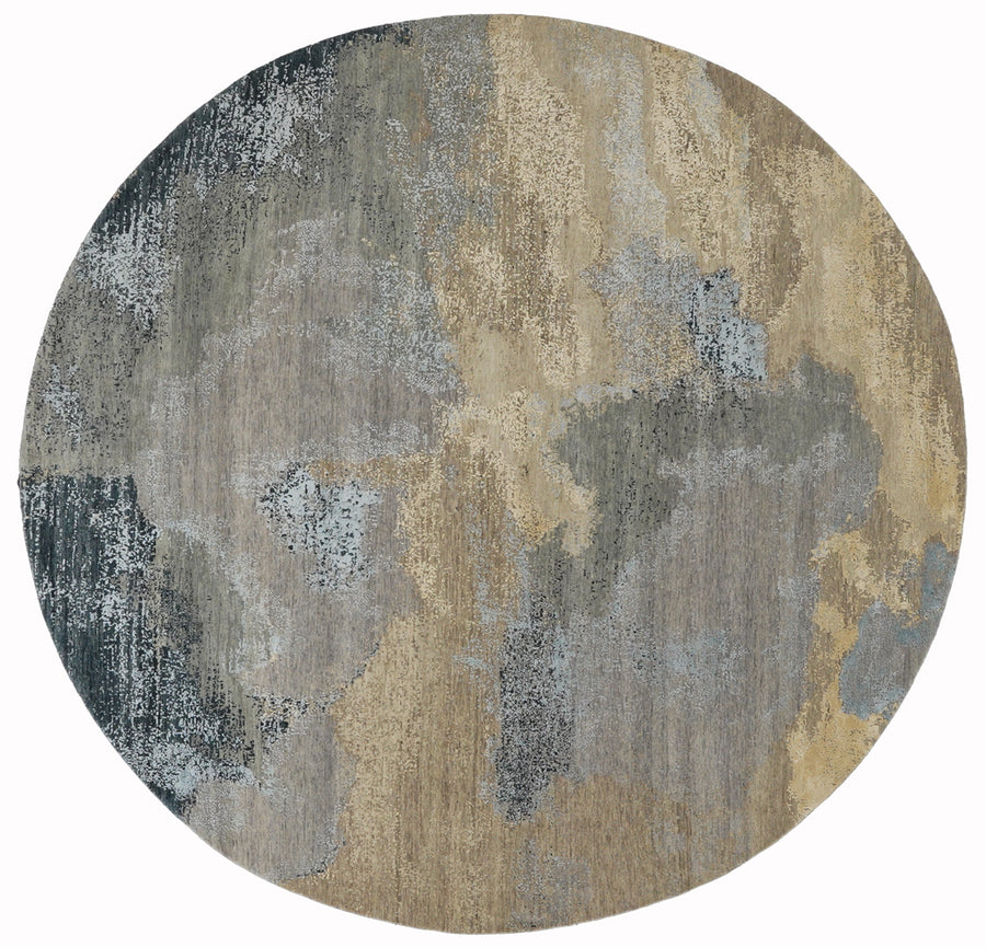 Üst düzey, ipekli, daire ve gri, mavi gold tonlarda halı, uzay gibi.