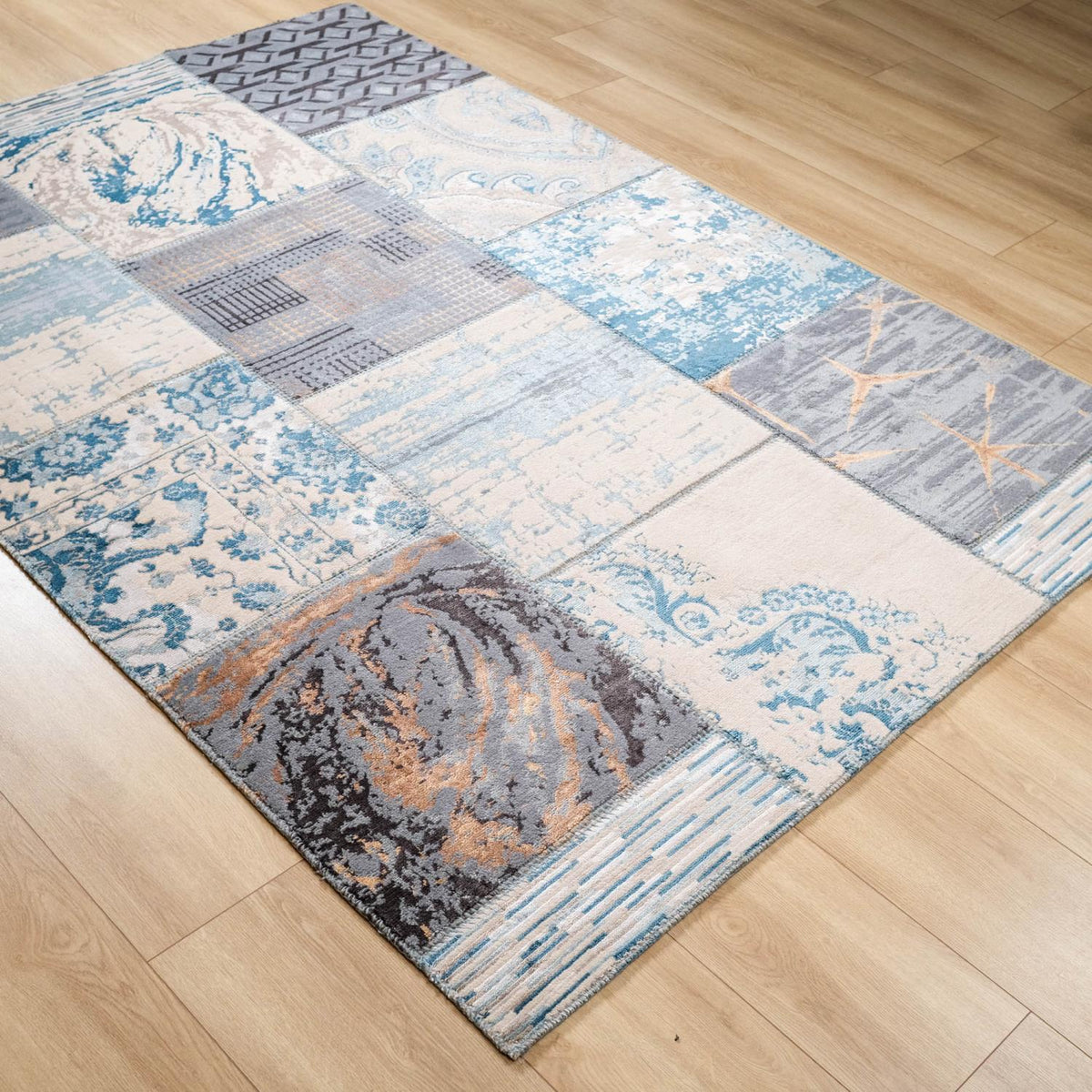 Patchwork Desenli Tezgah Dokuma Halı, mavi, 170x240 cm — Halıcızade