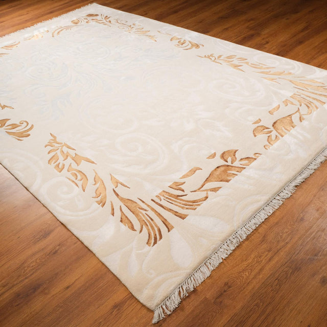 Cream Damask Border Hand-Knotted Wool Rug, 200×300 cm Halıcızade